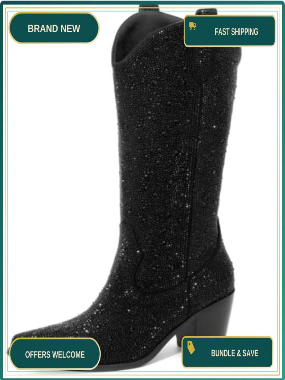 Knee High Cowgirl Boots Chunky Heel Pointed Toe Rhinestone Glitter Western Boot